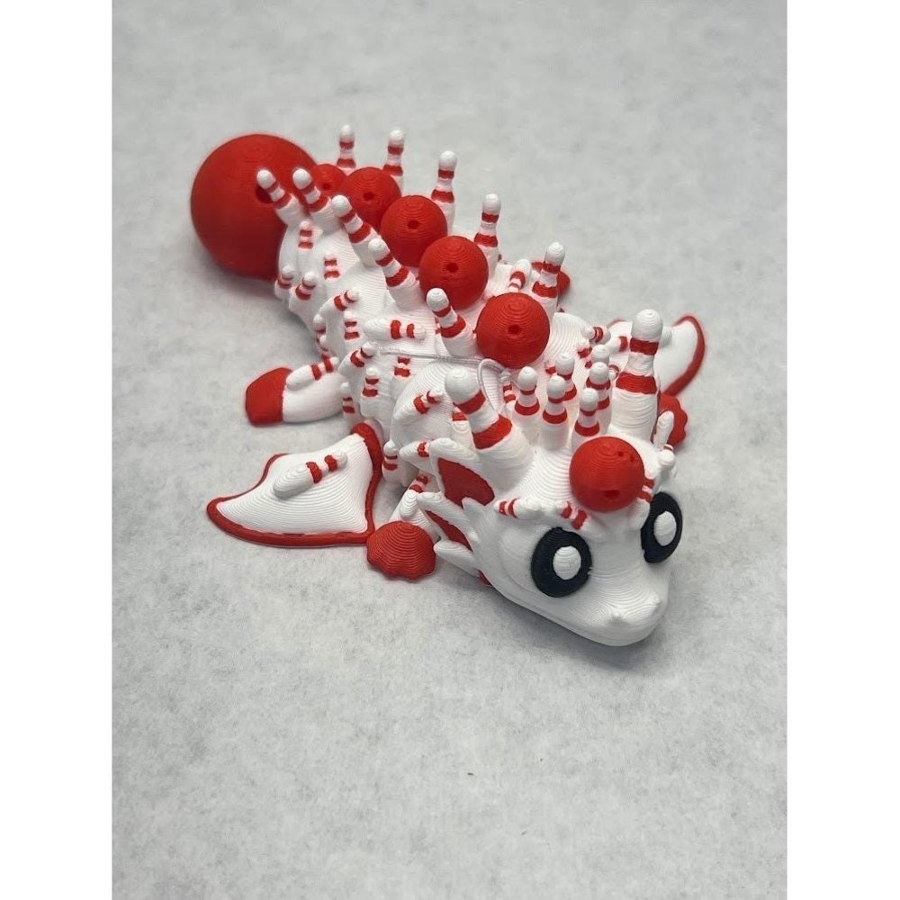 3D Printed Articulated Peppermint Dragon Fidget Toy Red Bowling 5.5in